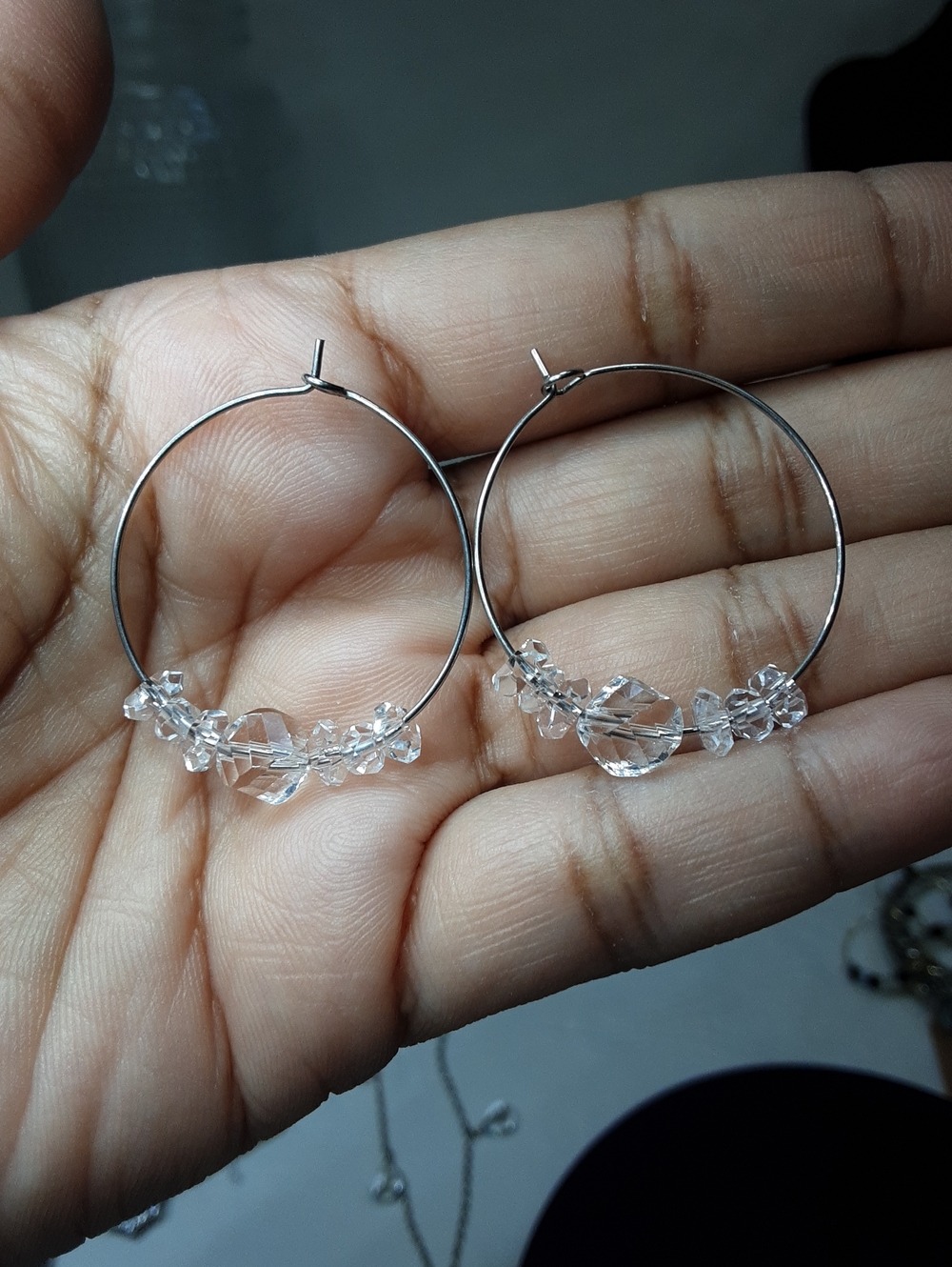 Small Stainless Steel Herkimer Diamond Quartz Hoops.